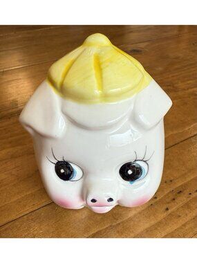 American Bisque Pottery Piggy Bank Yellow Hat & Overalls Anthropomorphic 50s MCM